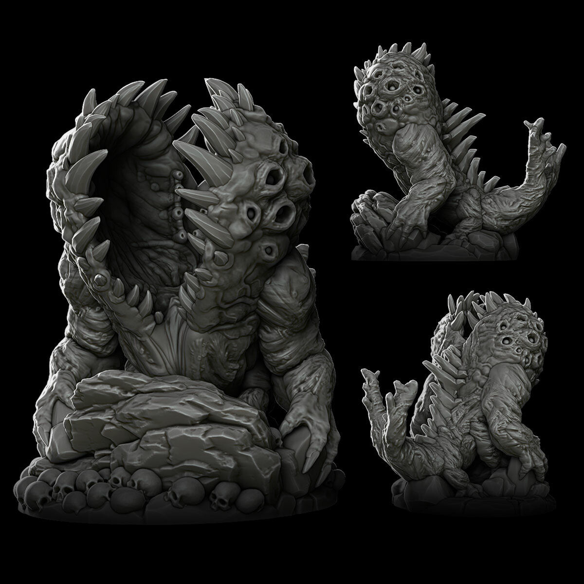 a set of three statues of monsters on a black background