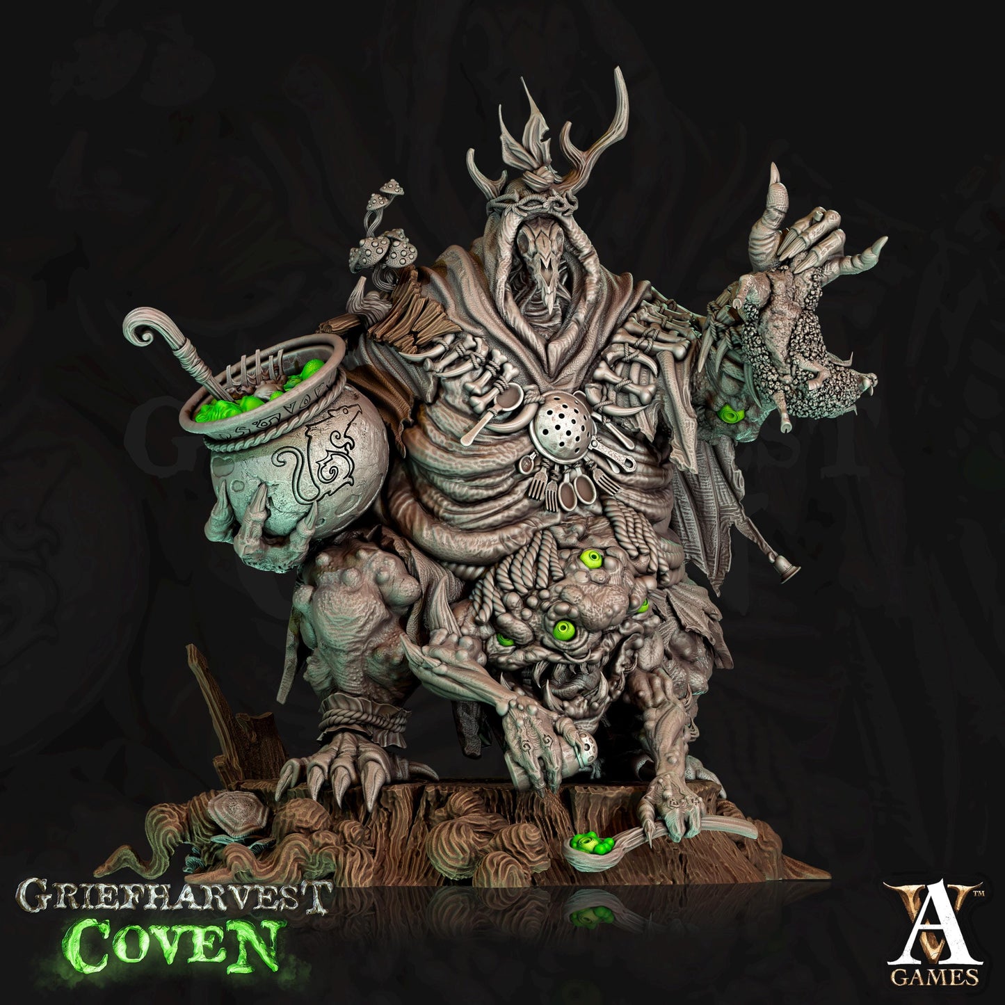 a statue of a creature with green eyes