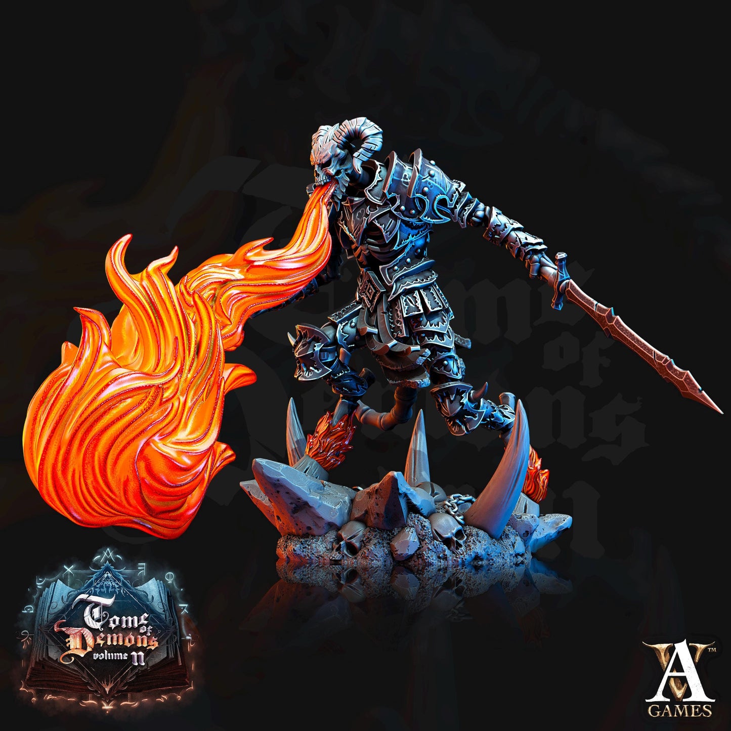 a figurine of a knight with a sword and flames