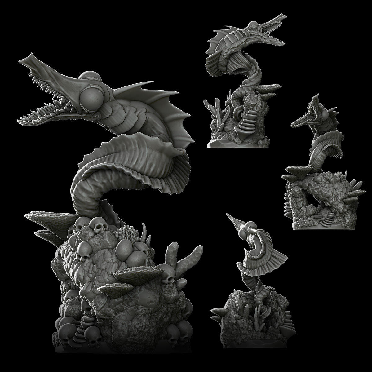 a bunch of different types of sculptures on a black background