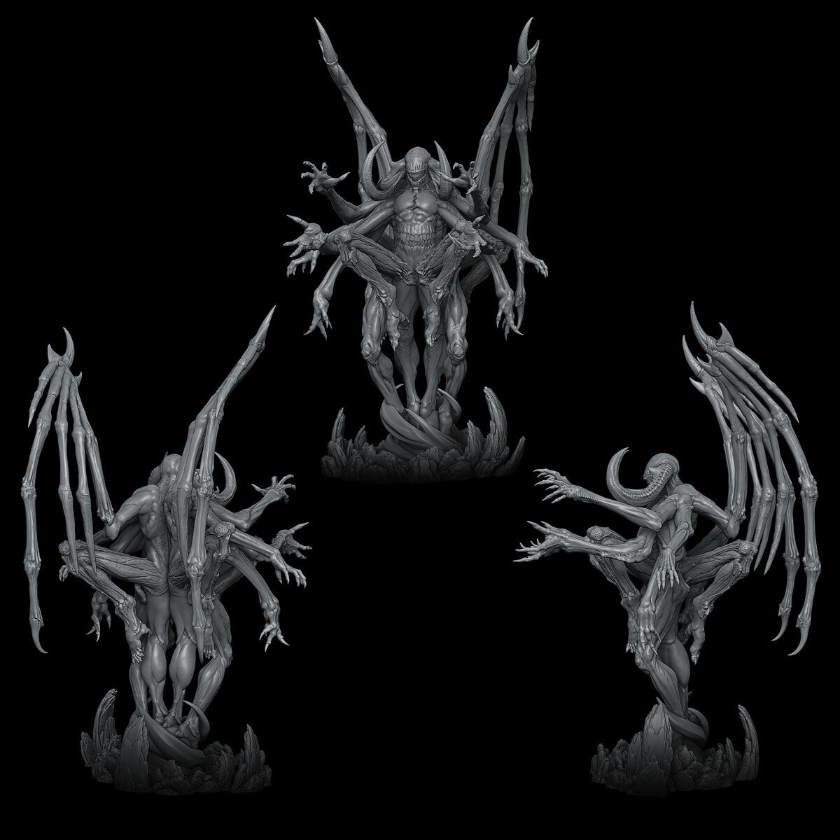 a set of three alien figurines on a black background