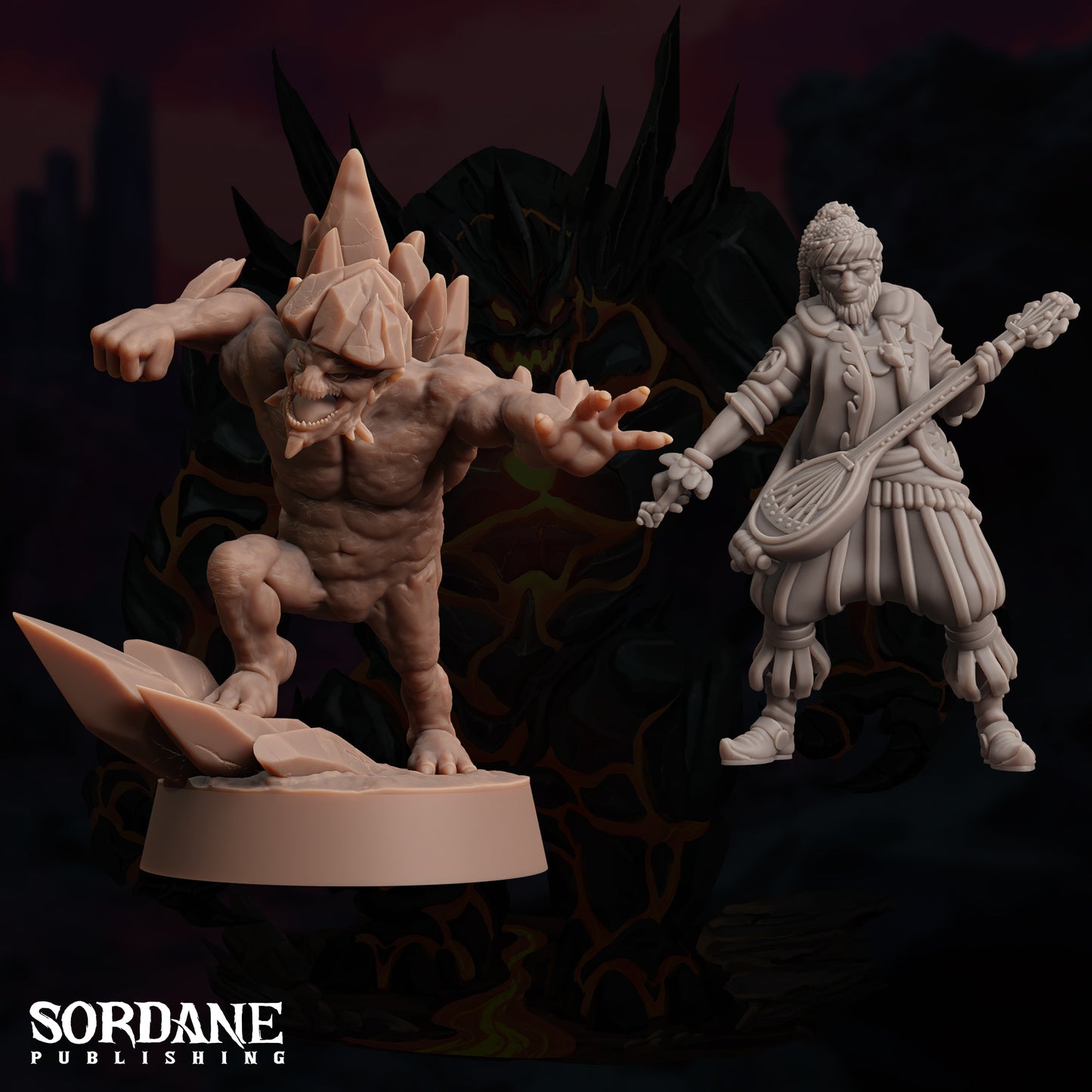 a statue of a man holding a sword next to a statue of a demon