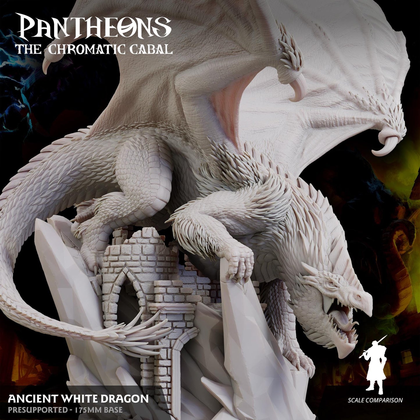 a white statue of a dragon on top of a castle