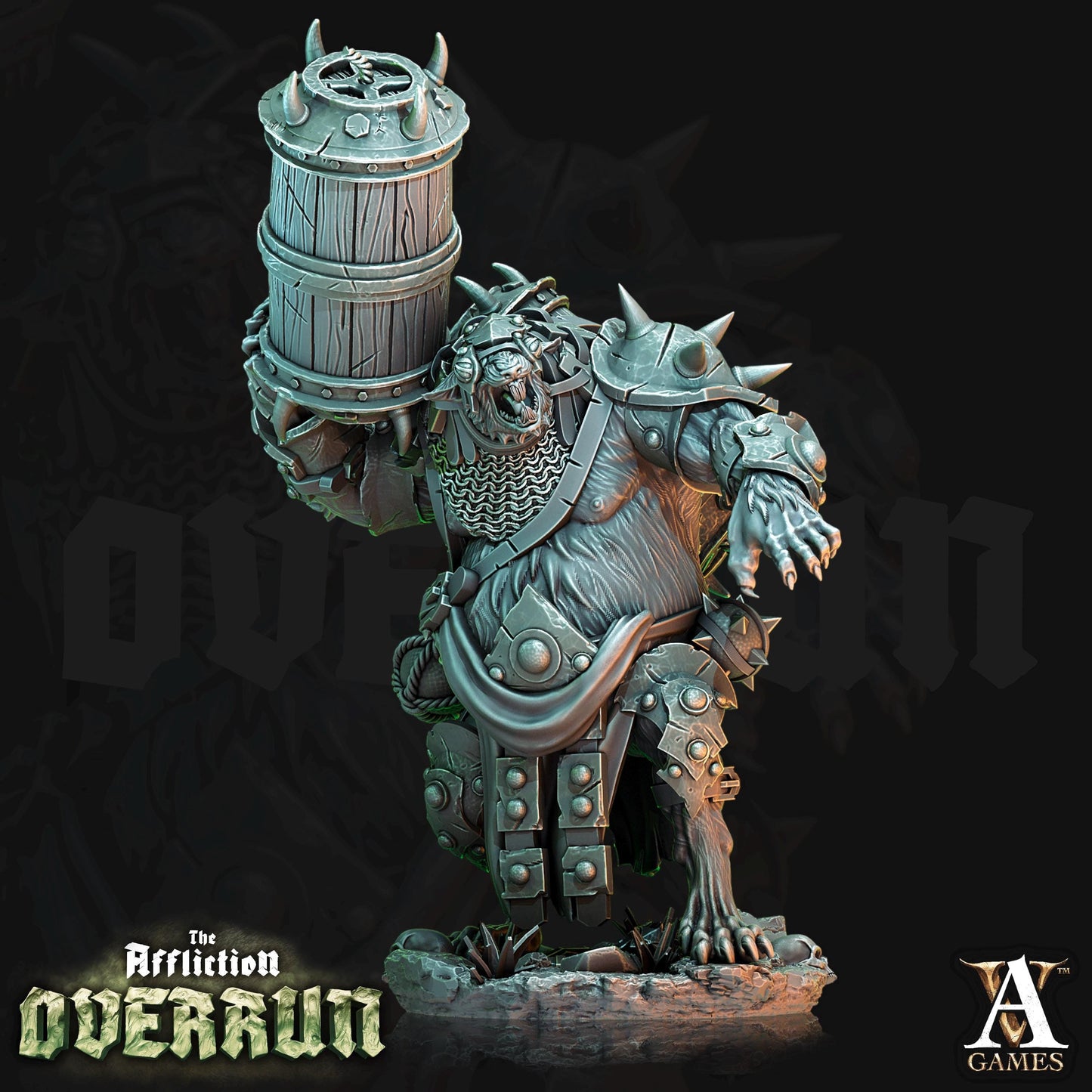 a statue of a demon holding a barrel