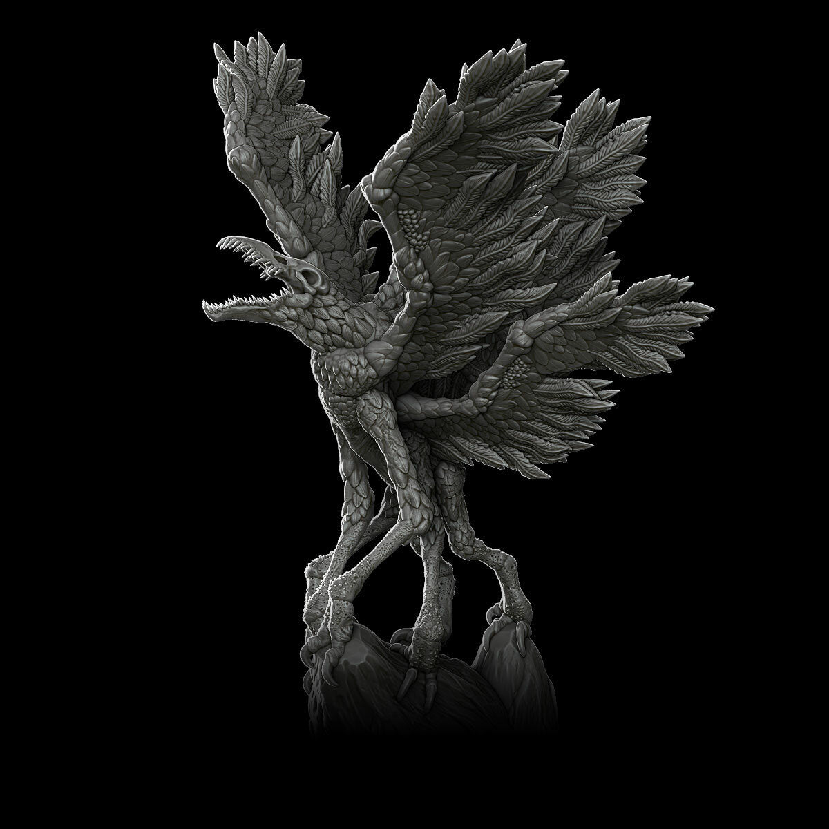 a black and white photo of a bird statue
