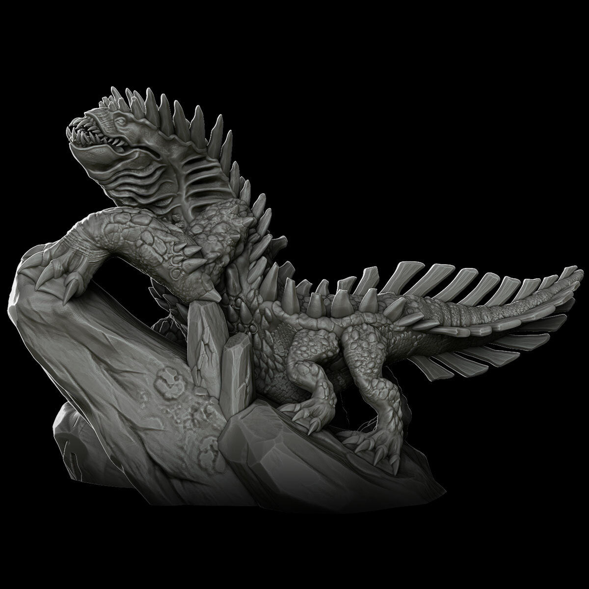 a black and white photo of a statue of a dinosaur