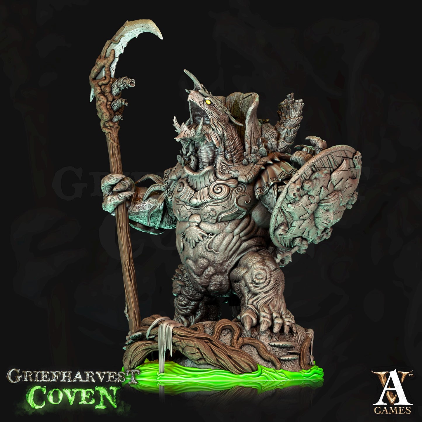 a statue of a creature holding a sceptacle