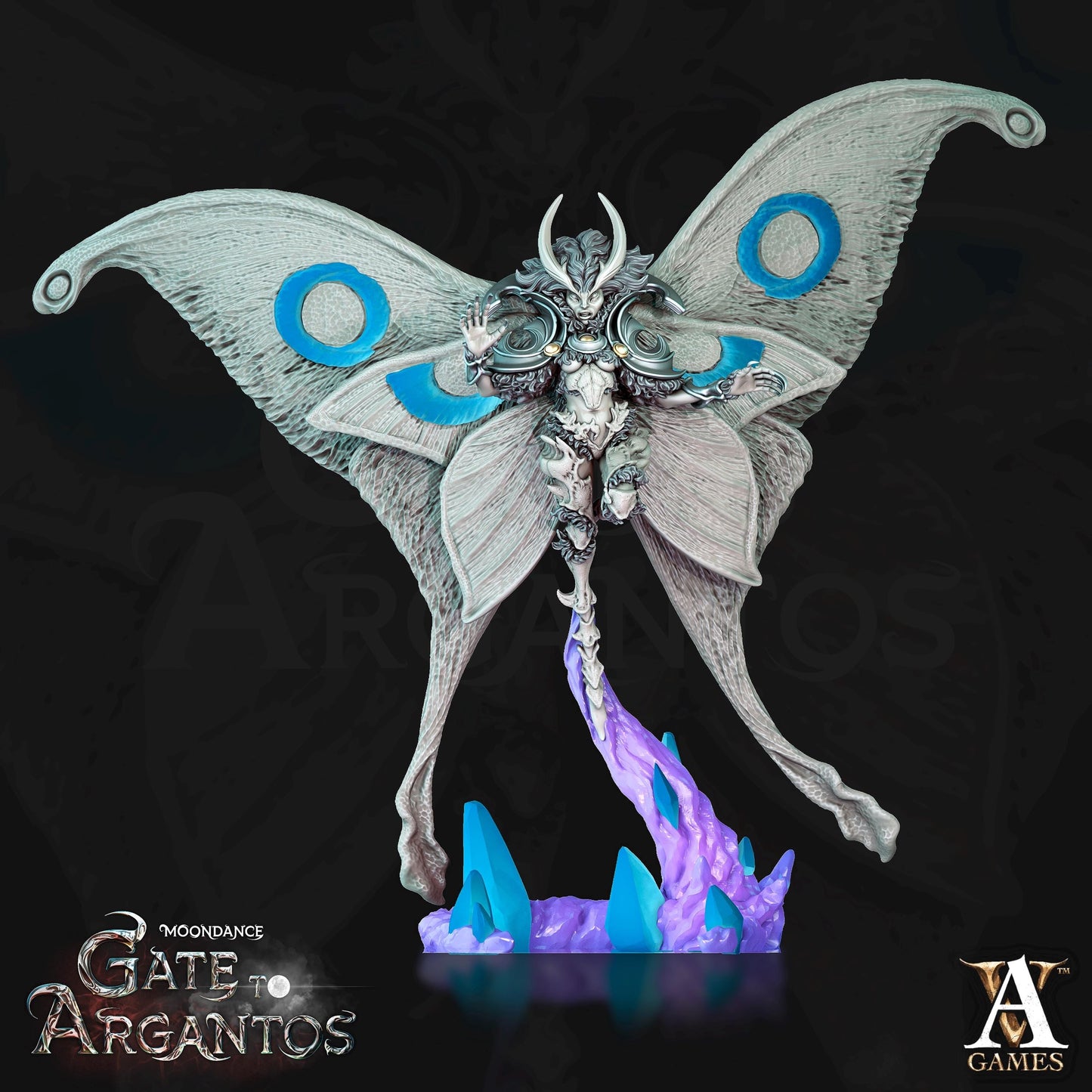 a statue of a winged creature with blue eyes