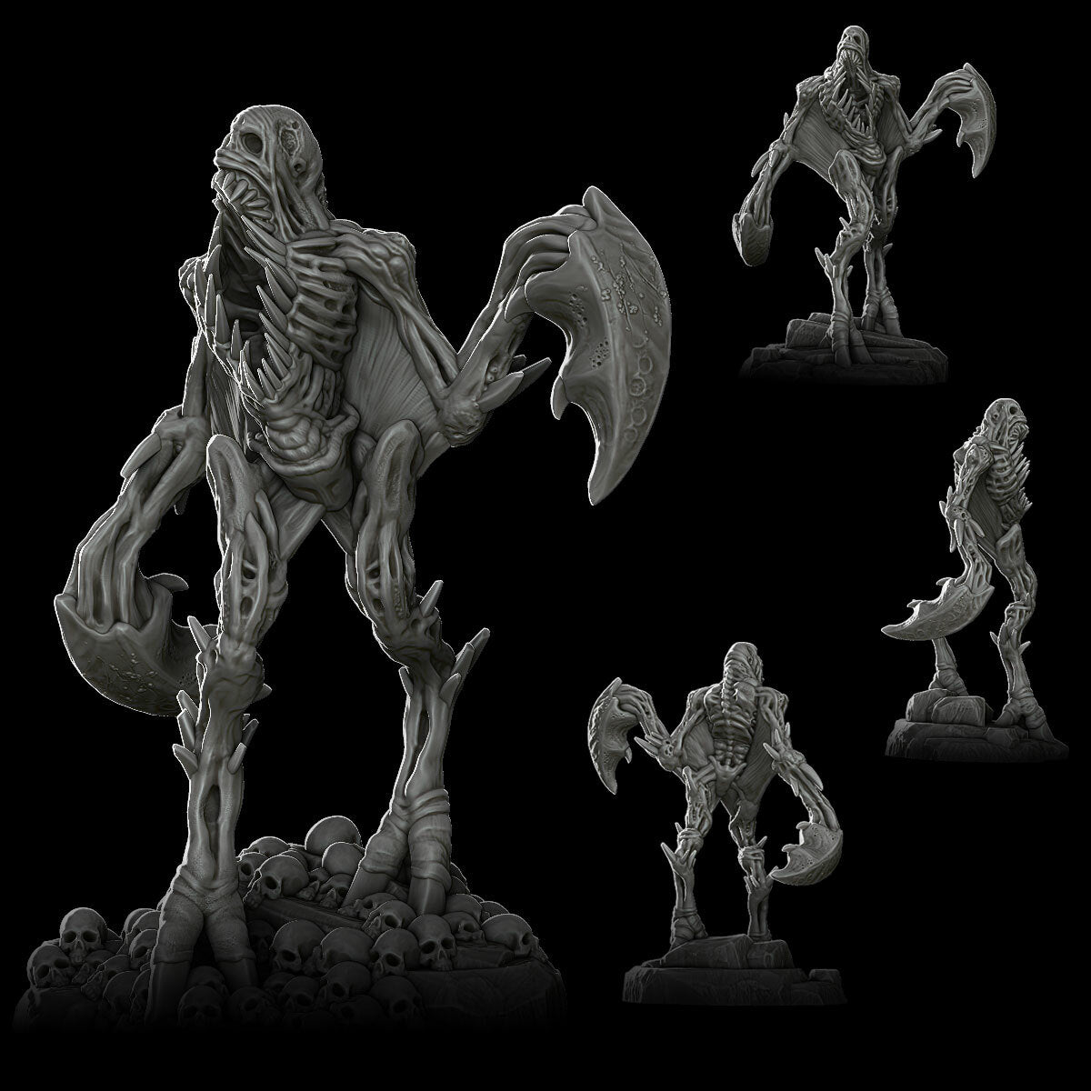 a group of skeleton figurines on a black background
