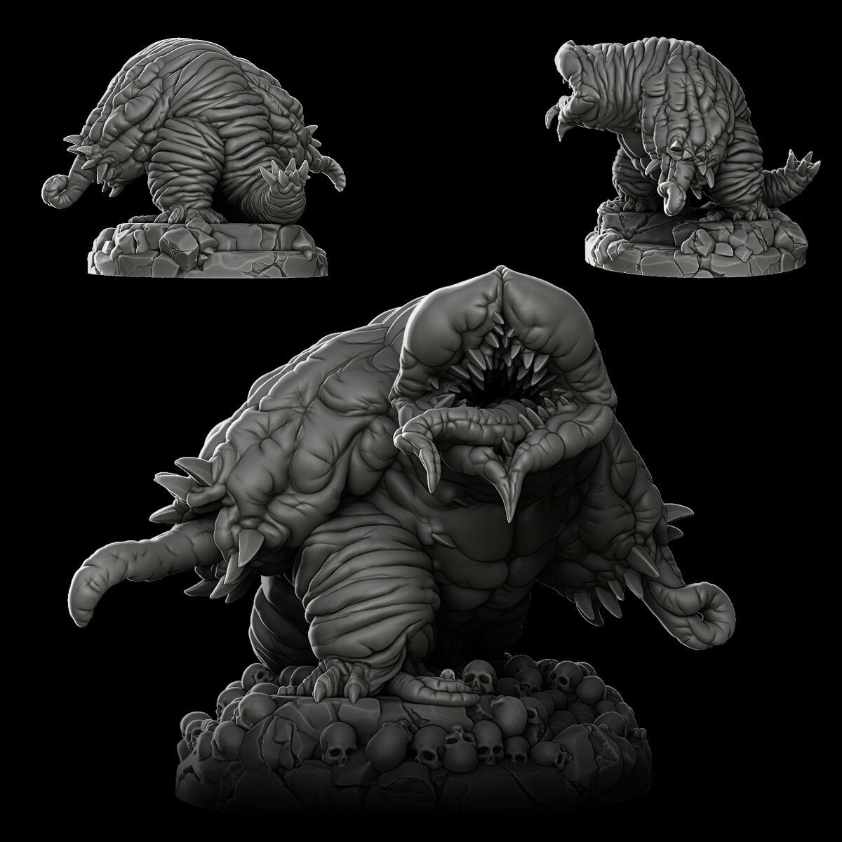 a set of three black and white images of monsters