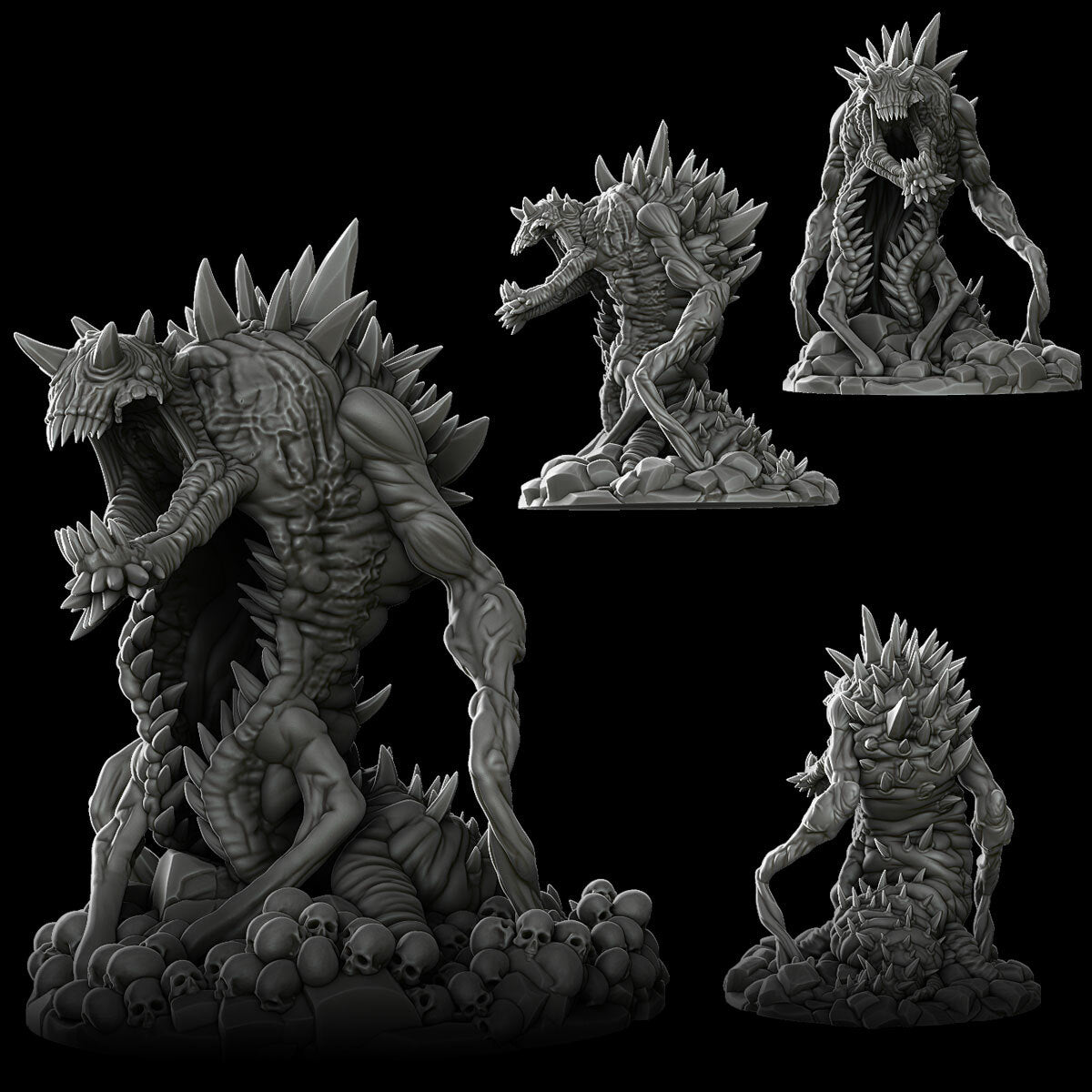 a set of three statues of a demon