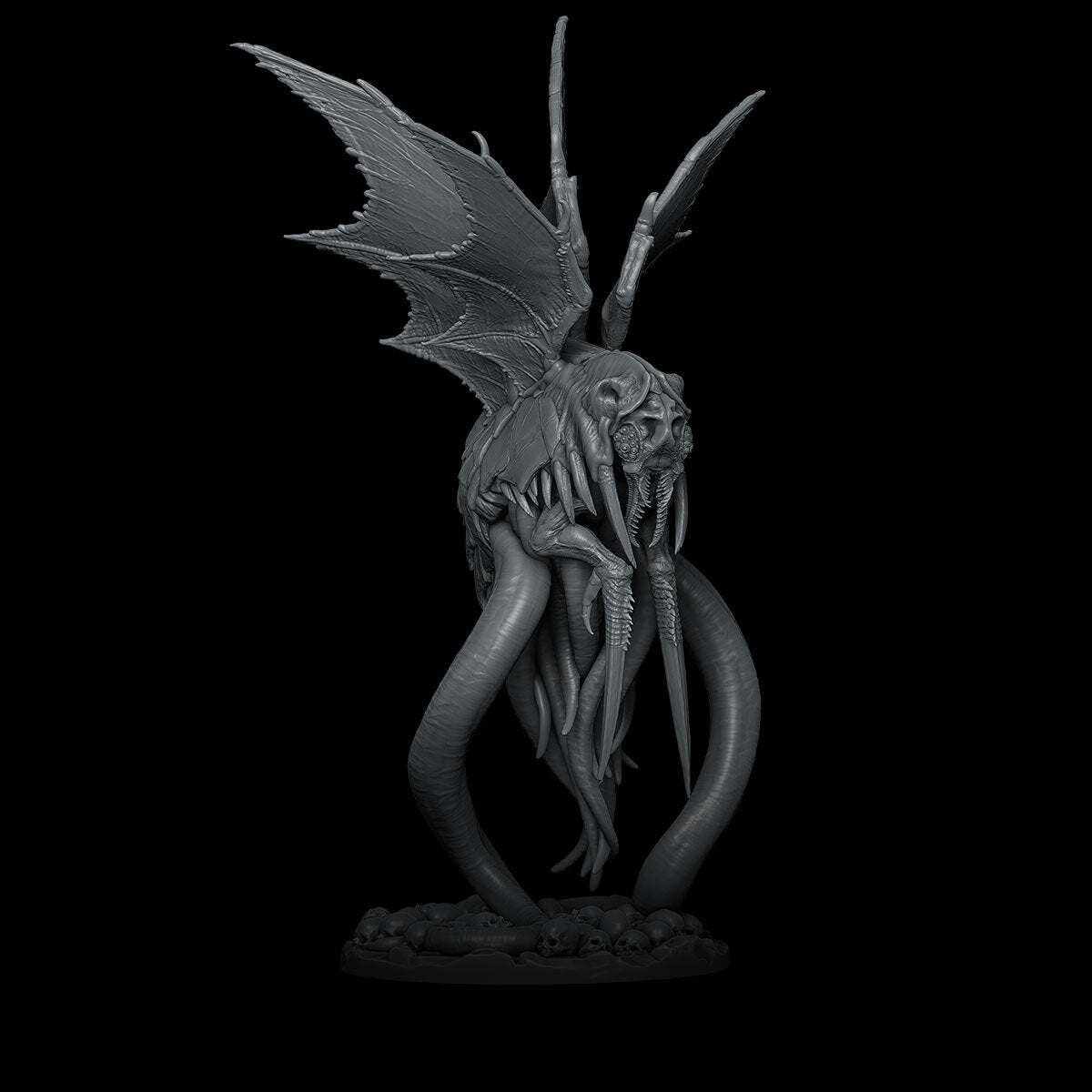 a black and white photo of a statue of a demon