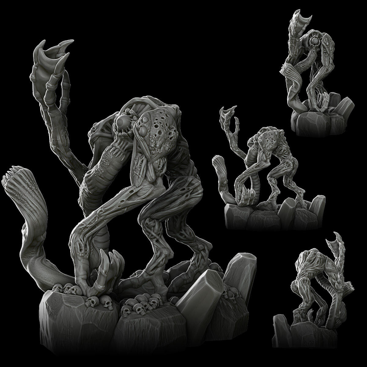 a group of alien figurines sitting on top of a rock