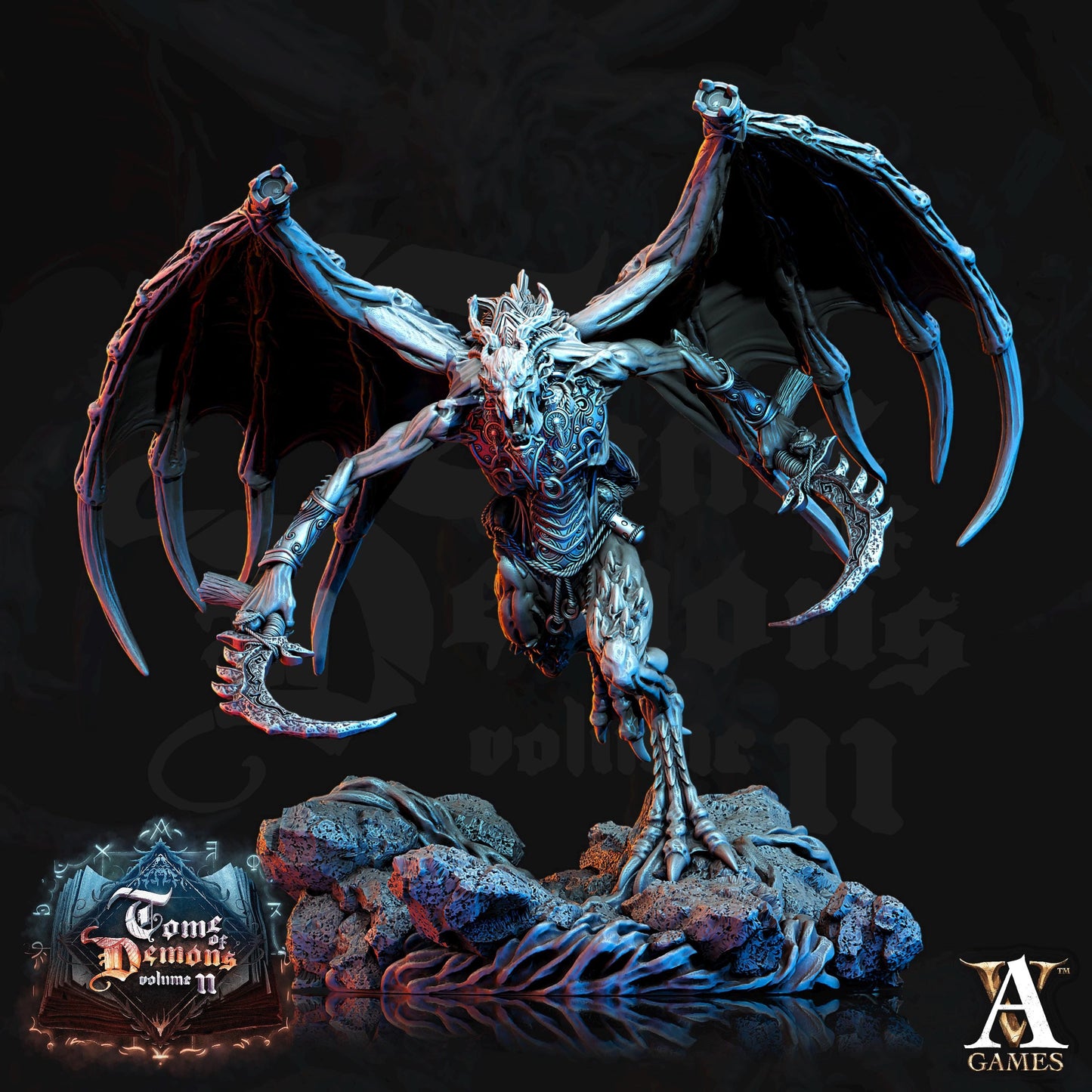 a statue of a demon with wings on a rock