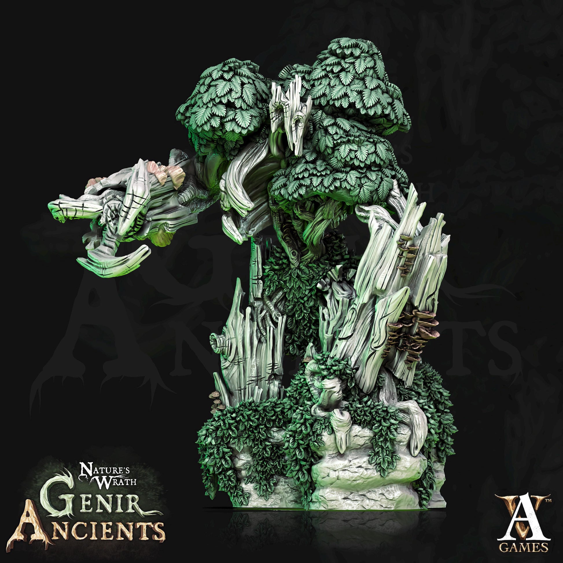 a statue of a giant green plant on a black background