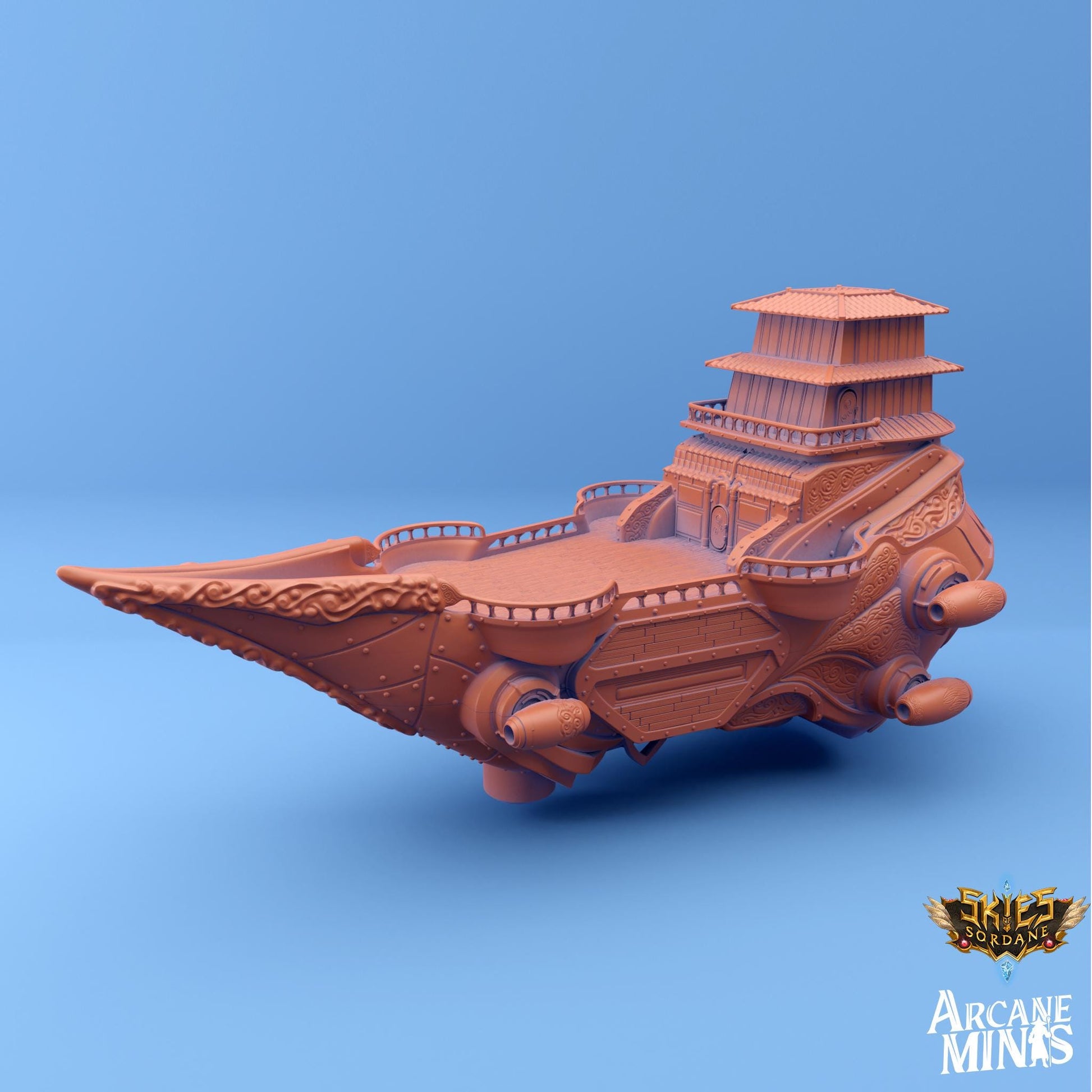 a model of a ship on a blue background