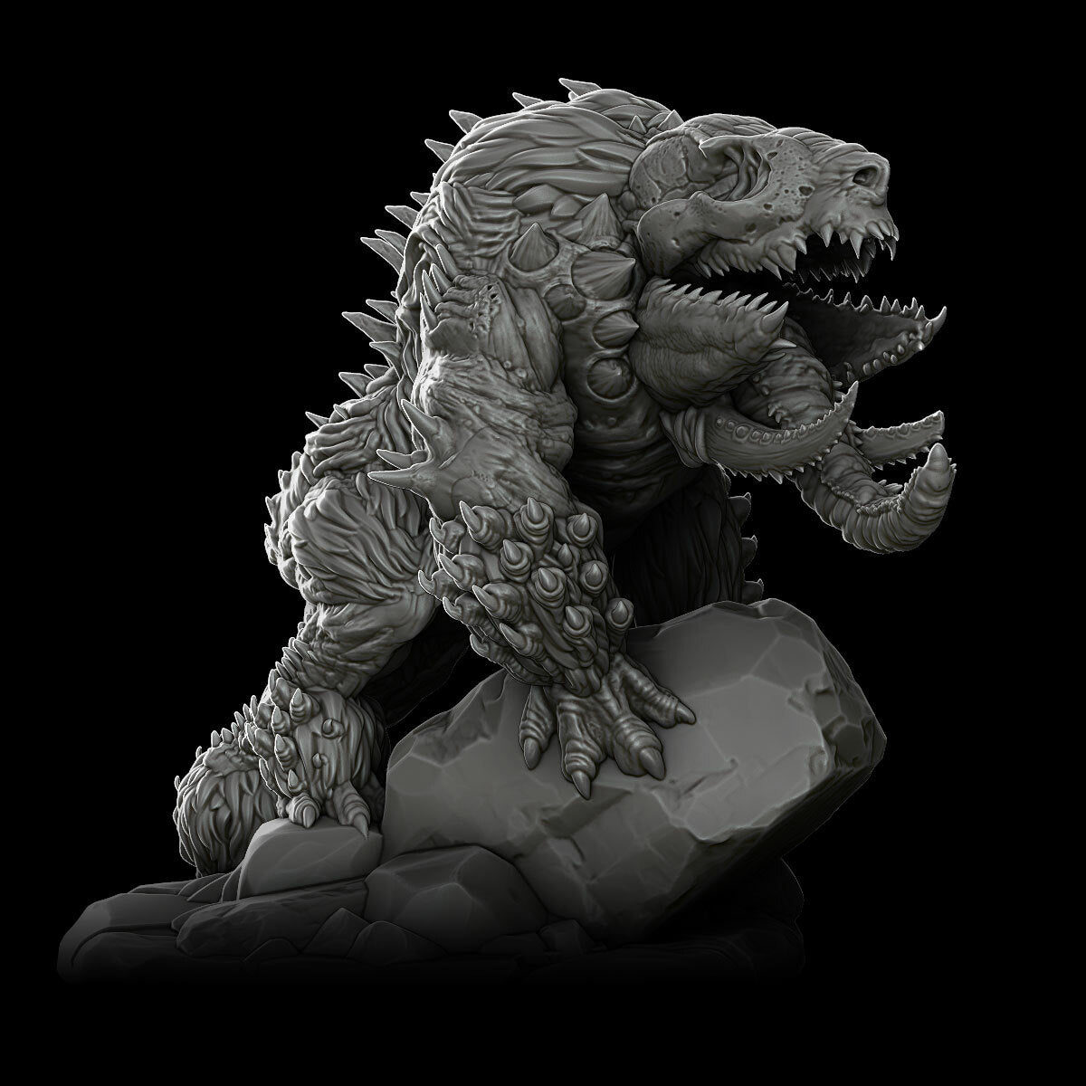 a black and white photo of a godzilla statue