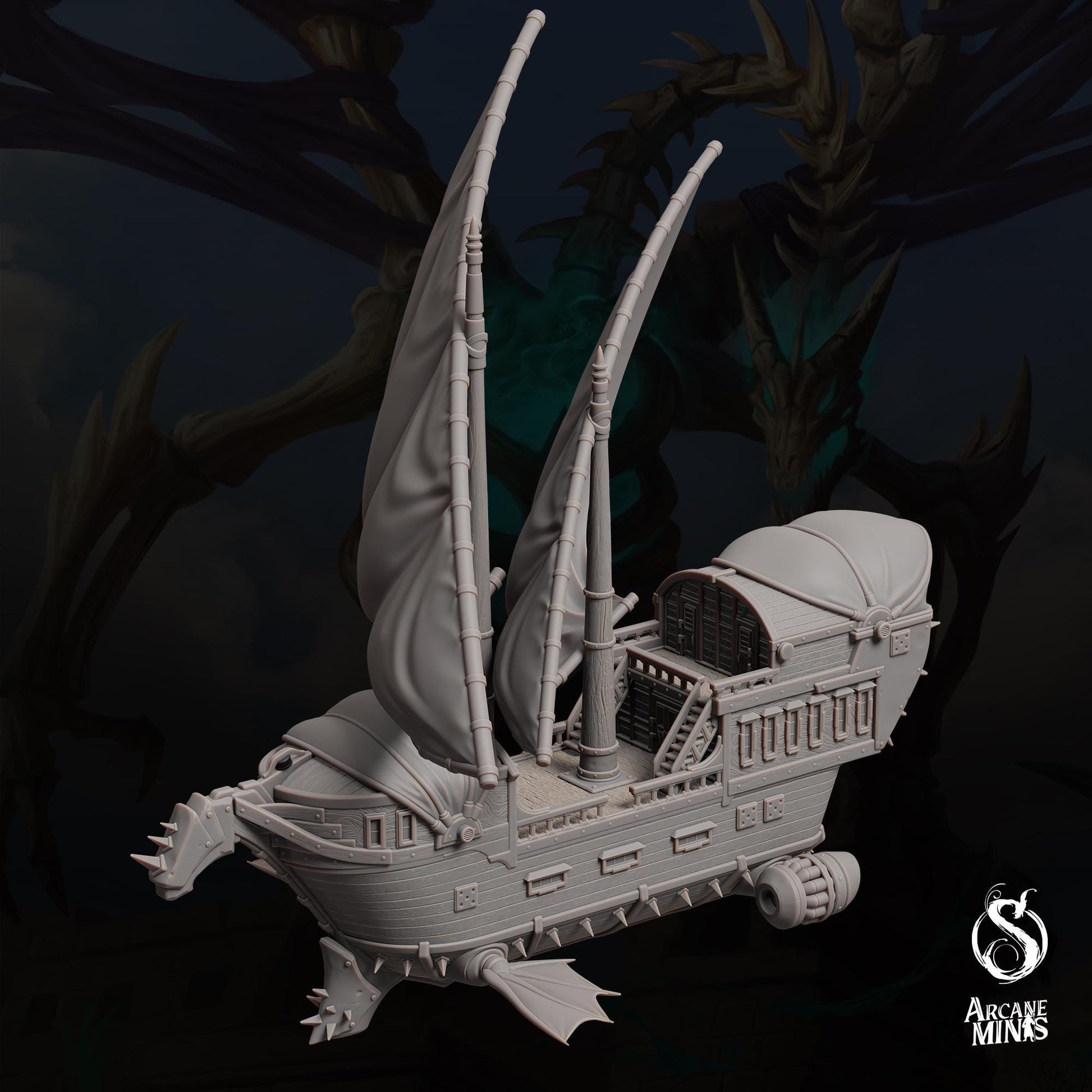 a model of a ship with a dragon on it