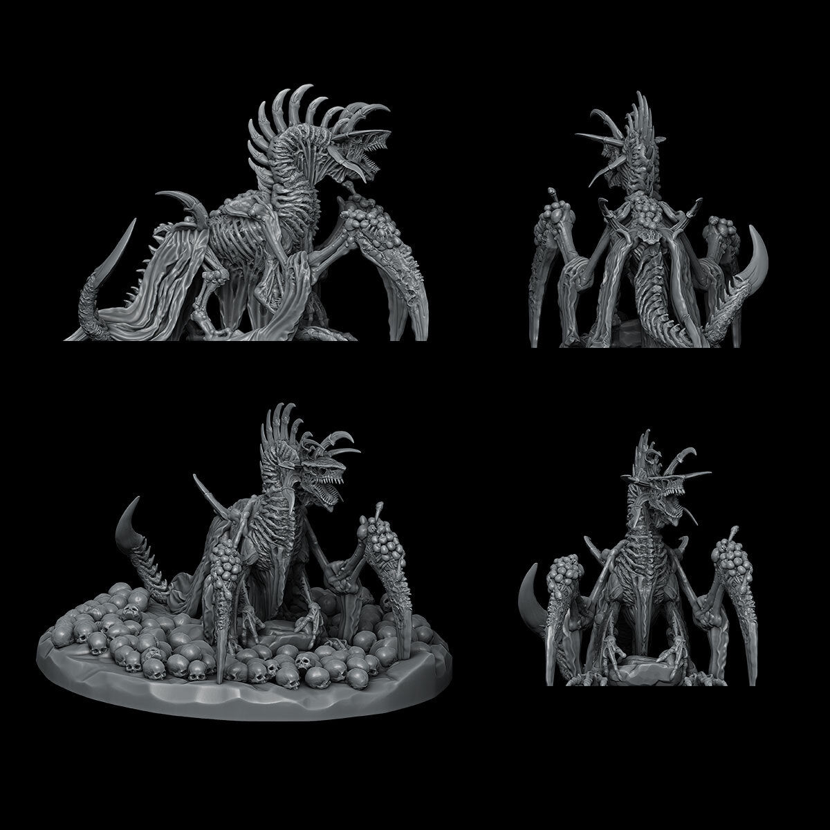 a set of four black and white figurines of monsters