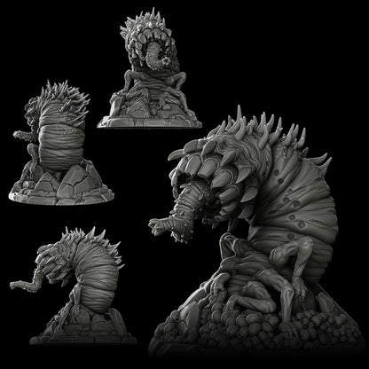 a set of three black and white sculptures of a dragon