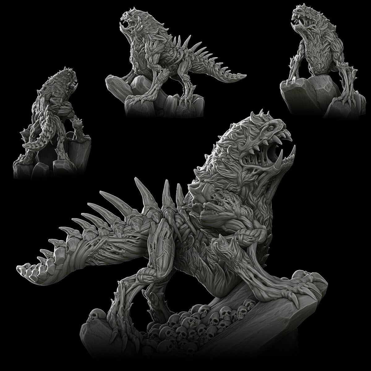 a black and white photo of godzilla figurines