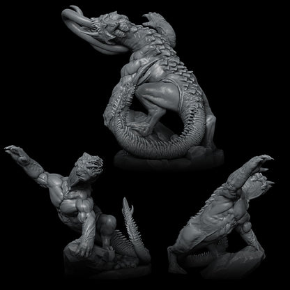 three statues of a man and a dragon