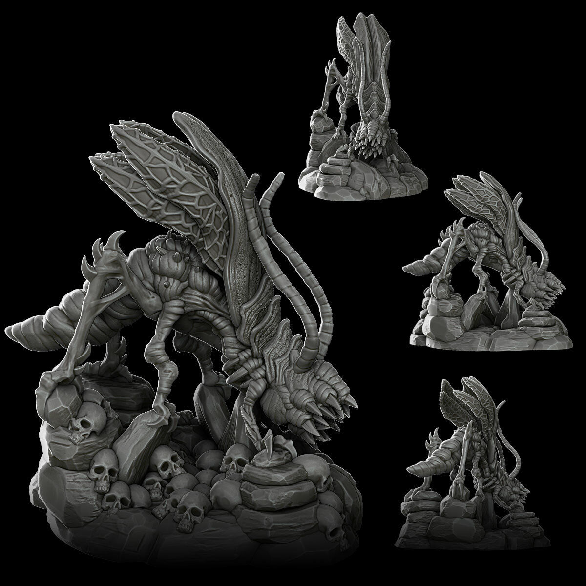 a set of three sculptures of skulls and a demon