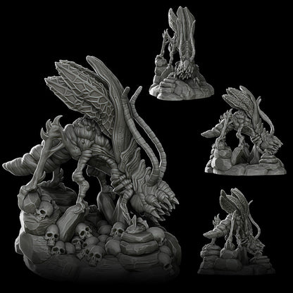a set of three sculptures of skulls and a demon