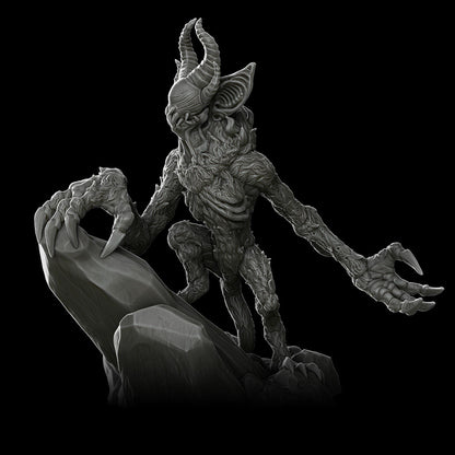 a stylized image of a demon standing on a rock