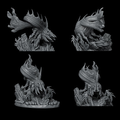 a set of four black and white images of a dragon