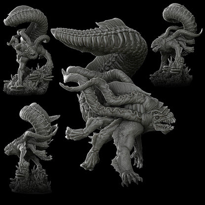 a set of three statues of a dragon and a demon