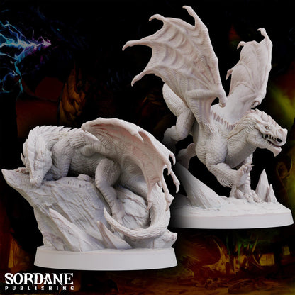 a white statue of a dragon on a rock