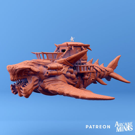 a model of a ship with a giant shark head