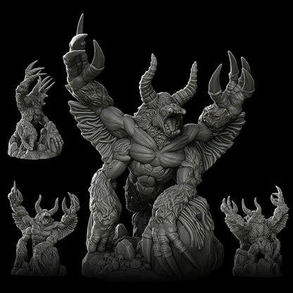 a statue of a demon surrounded by other statues