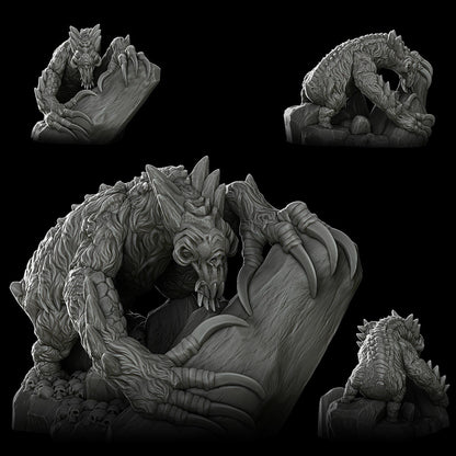 a black and white photo of a dragon statue