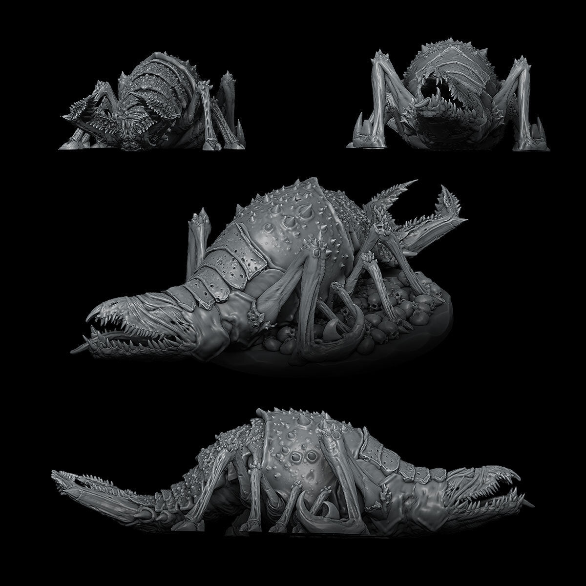 three different views of a creature in black and white