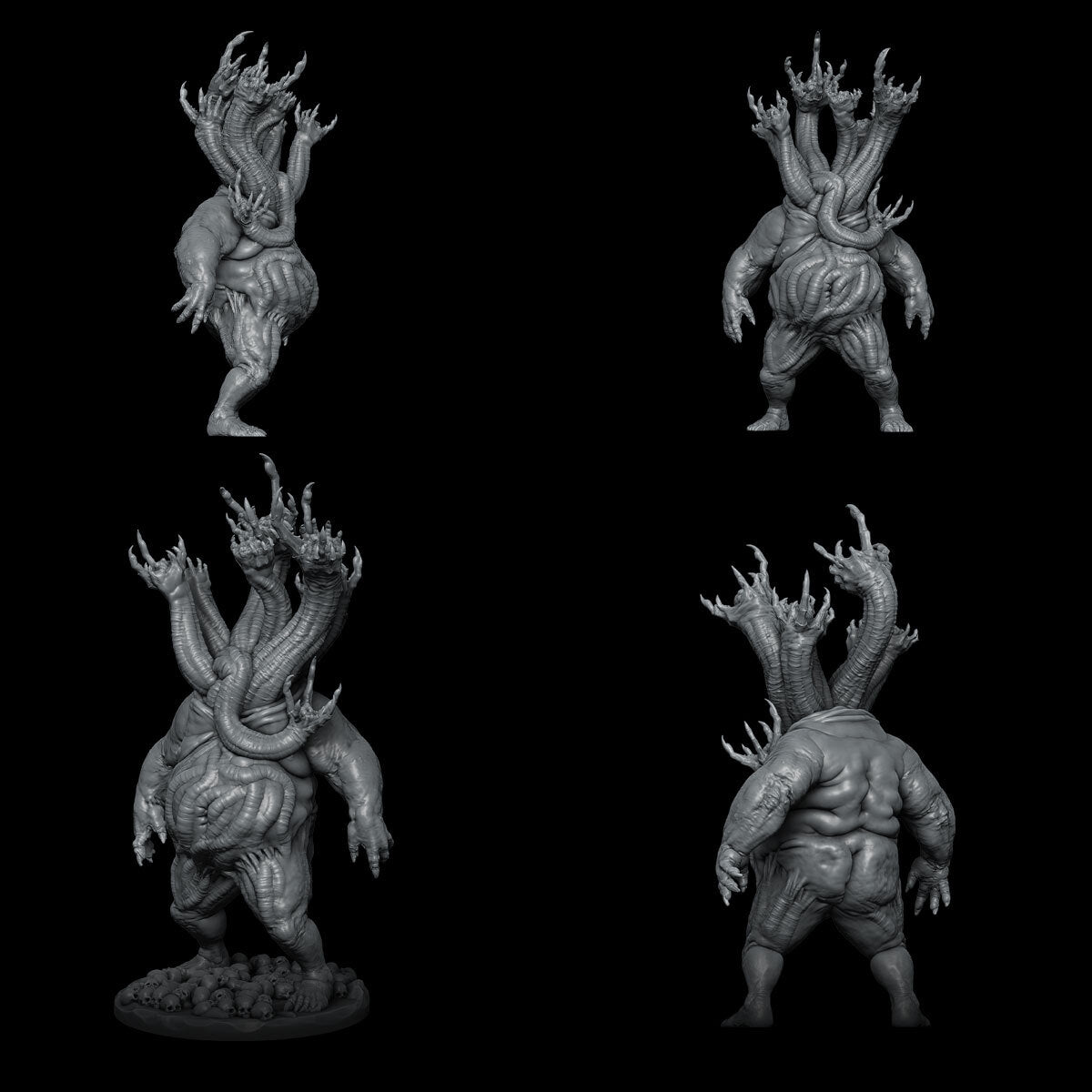 four different poses of a creature on a black background