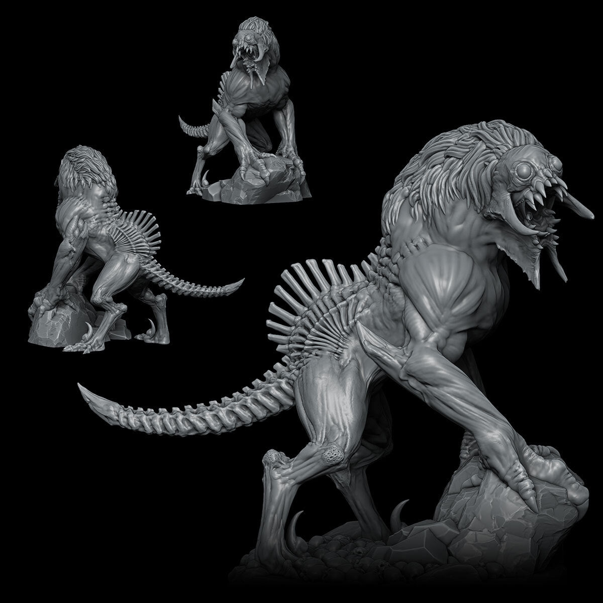 a statue of a lion and a dinosaur on a black background