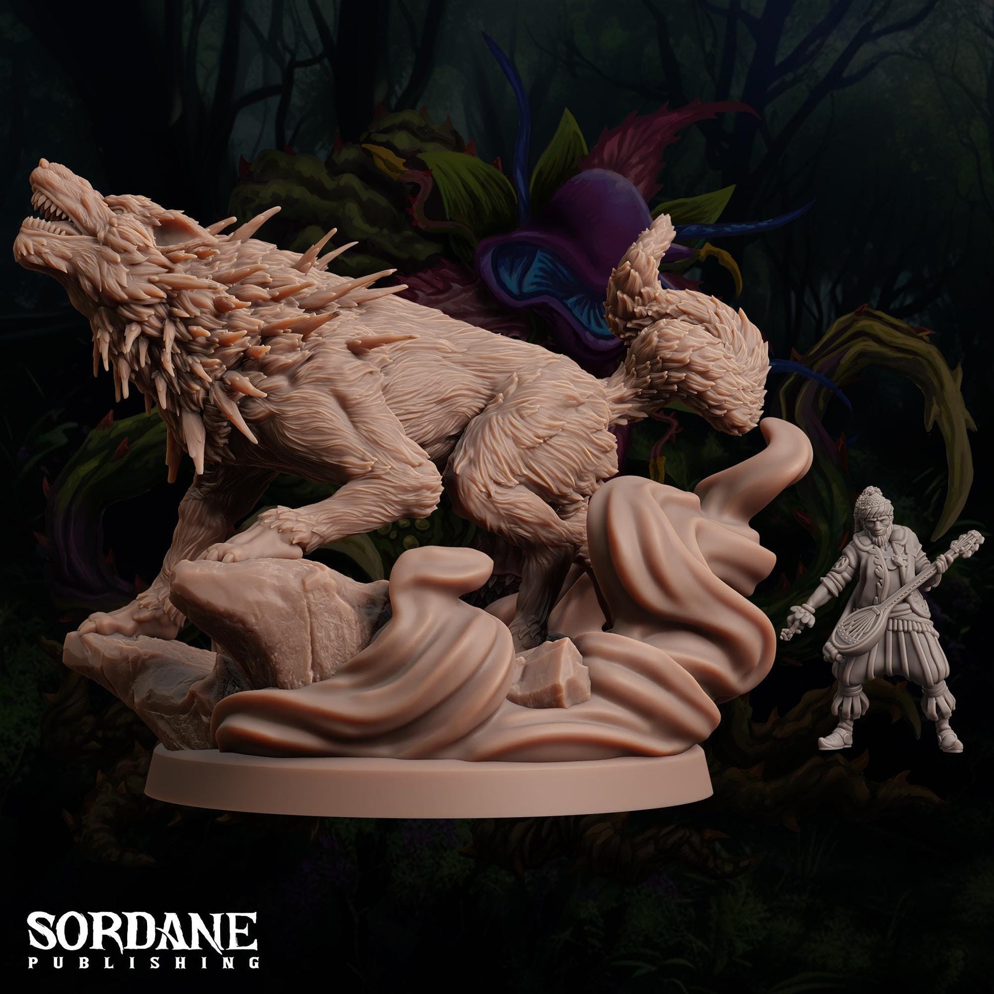 a statue of a wolf and a man in a forest