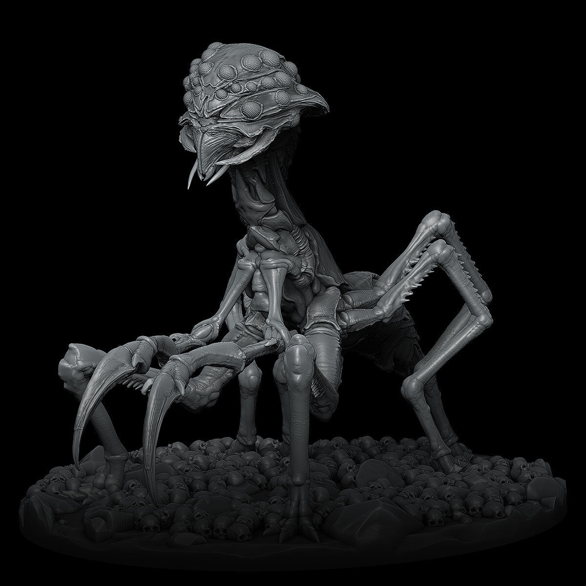 a statue of an alien sitting on top of a pile of skulls