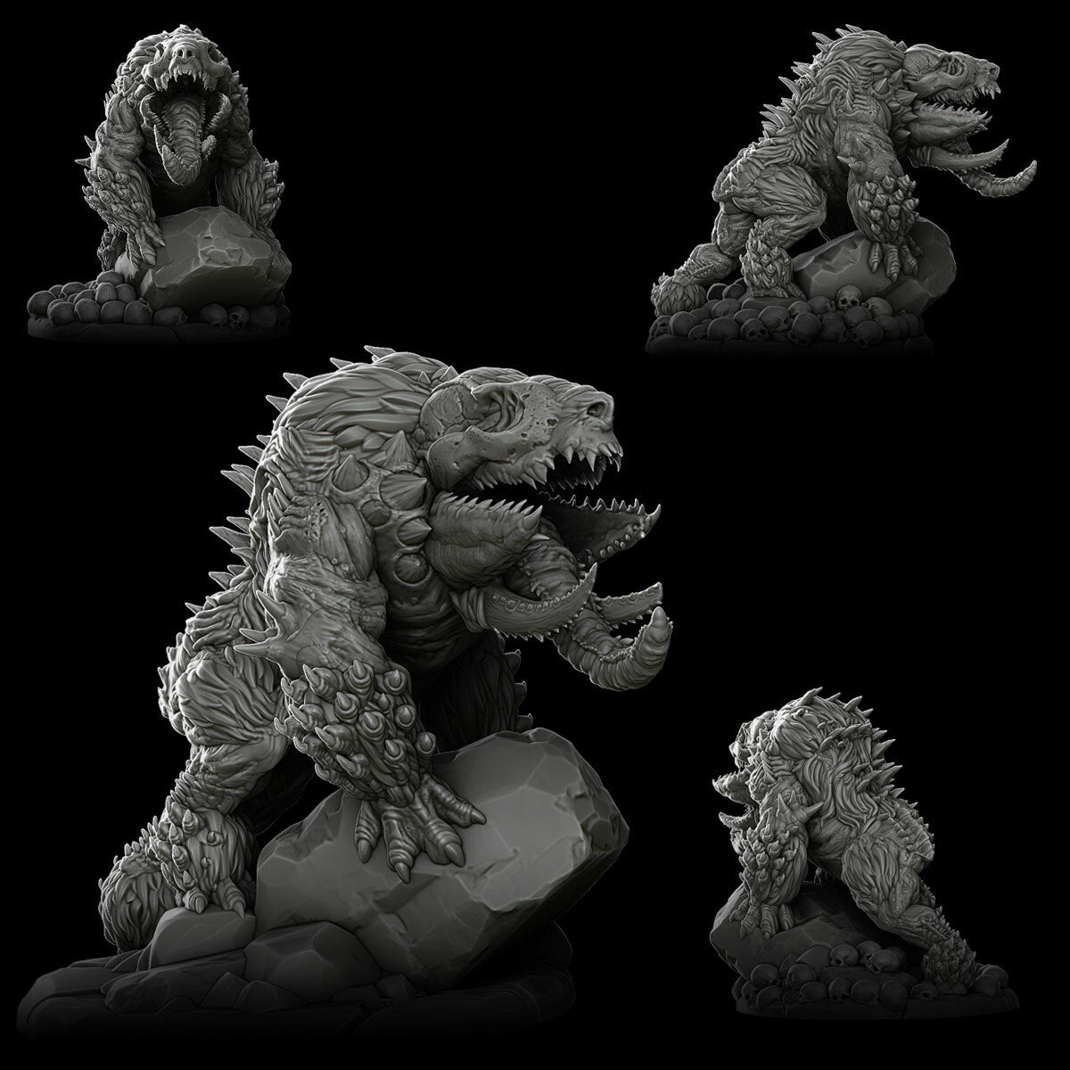 a group of godzilla figurines sitting on top of a rock
