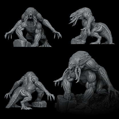three different views of a creature in black and white