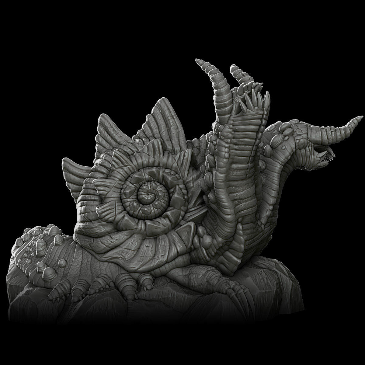 a sculpture of a snail on a black background