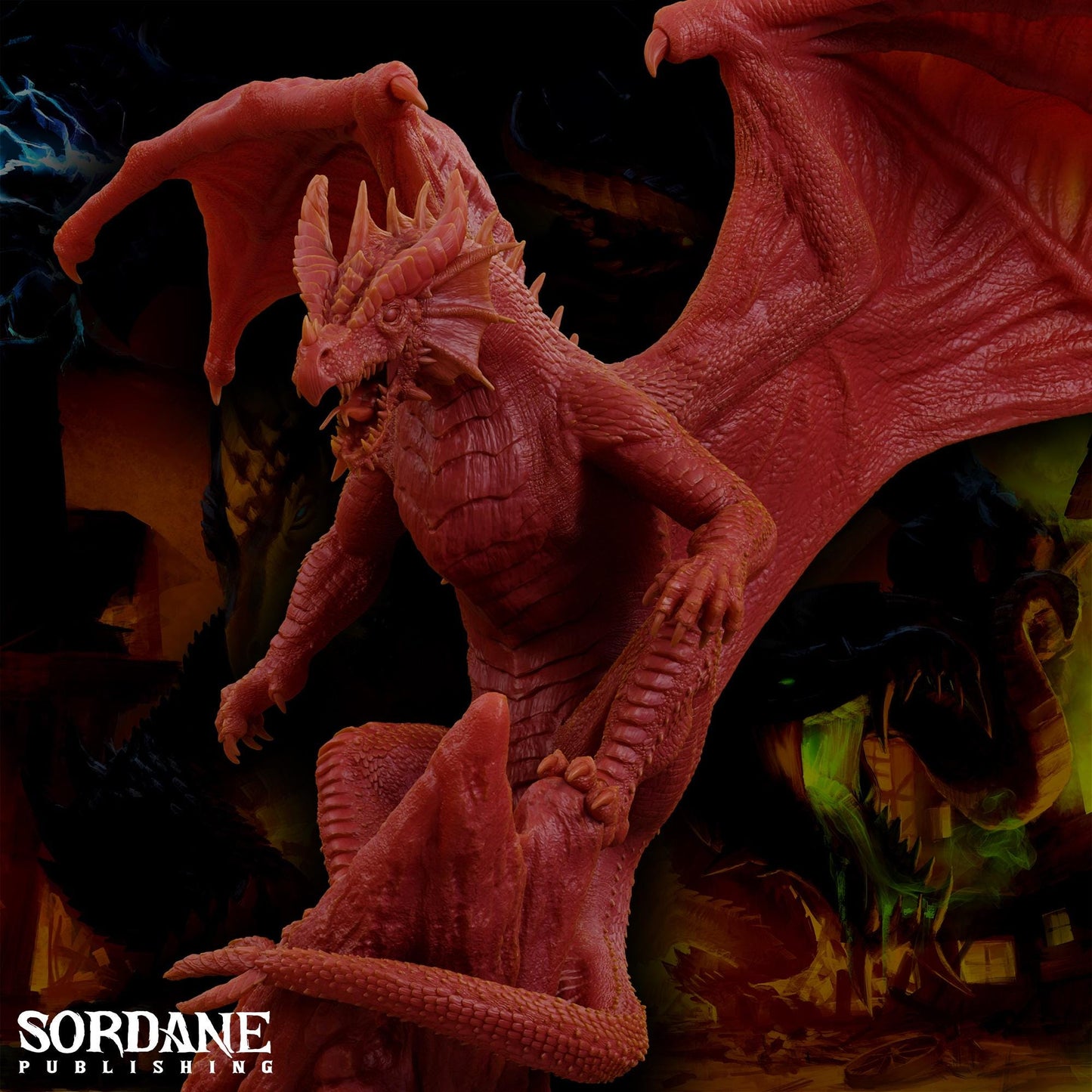 a red dragon statue sitting on top of a table