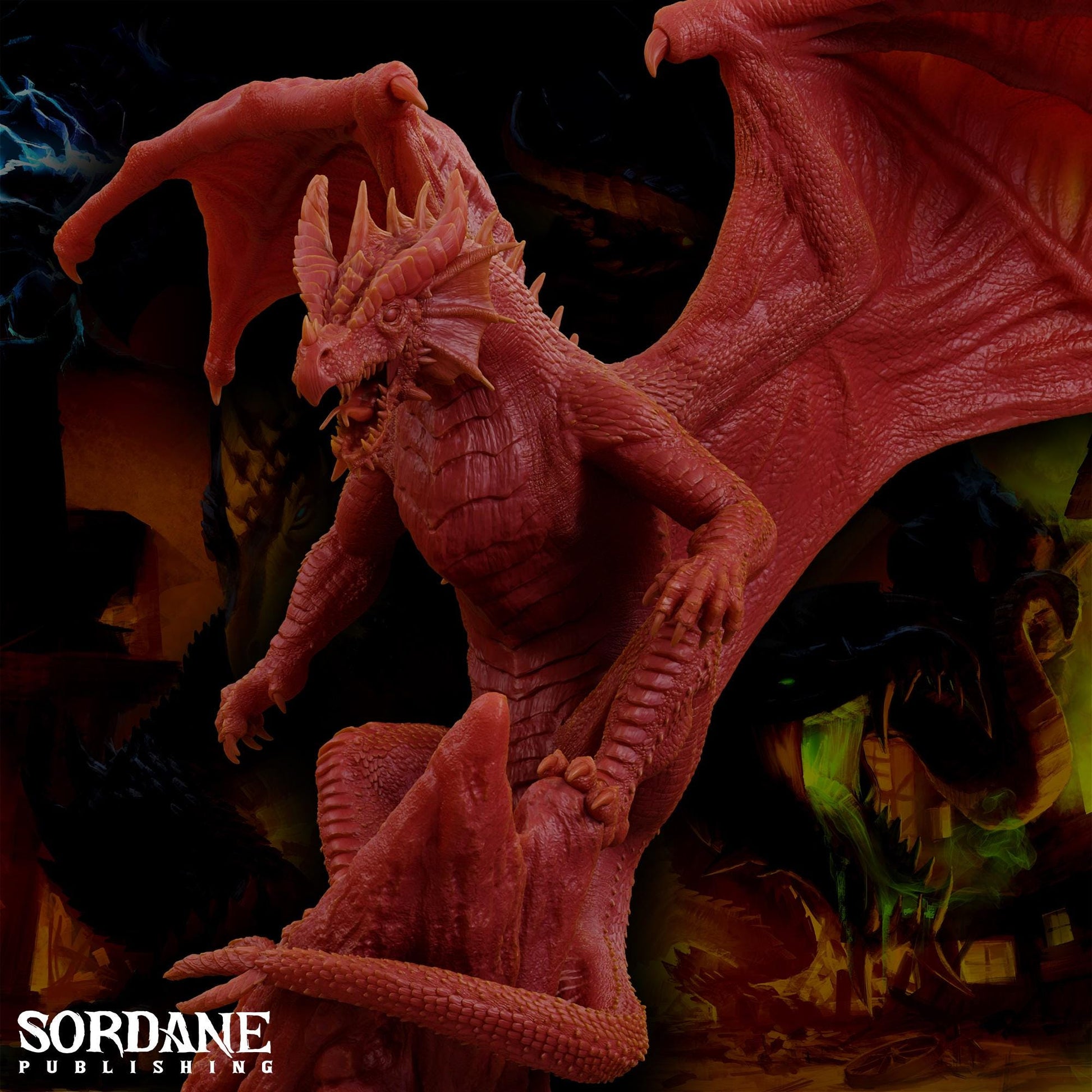 a red dragon statue sitting on top of a table