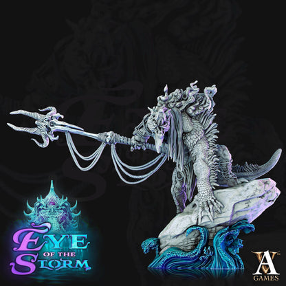 a statue of a white dragon holding a staff