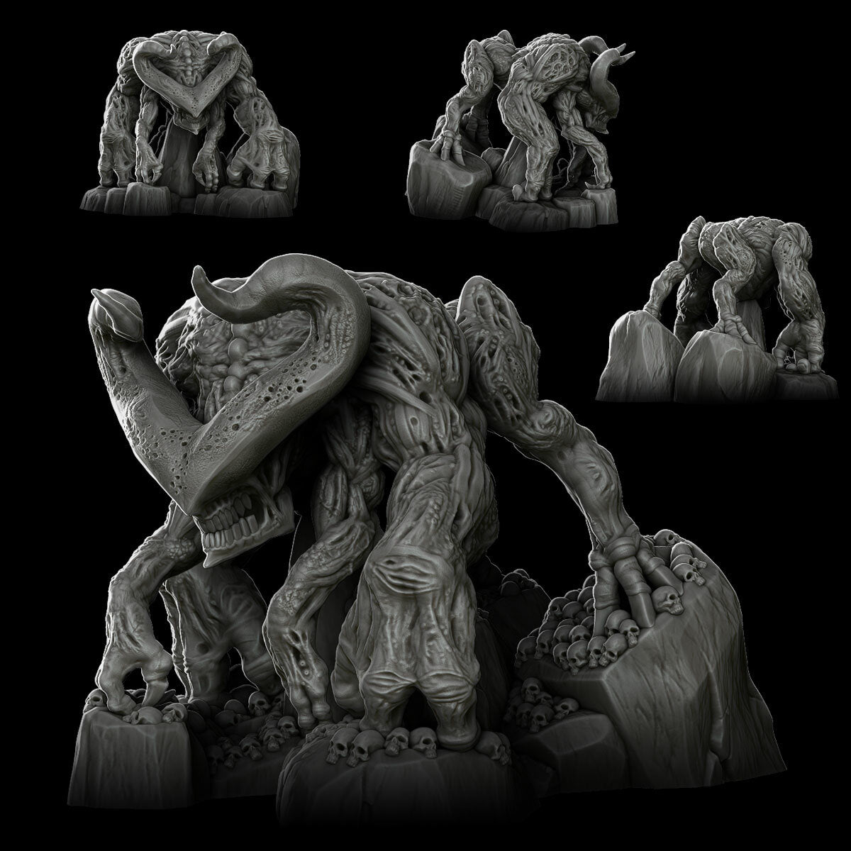a set of three sculptures of an elephant and a demon
