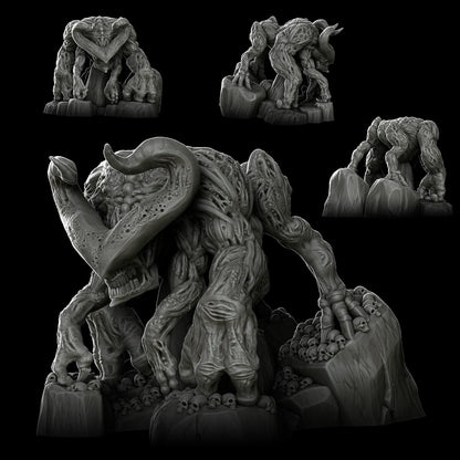 a set of three sculptures of an elephant and a demon