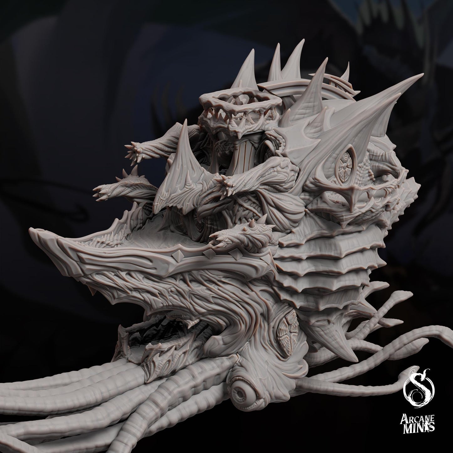 a close up of a dragon statue on a black background