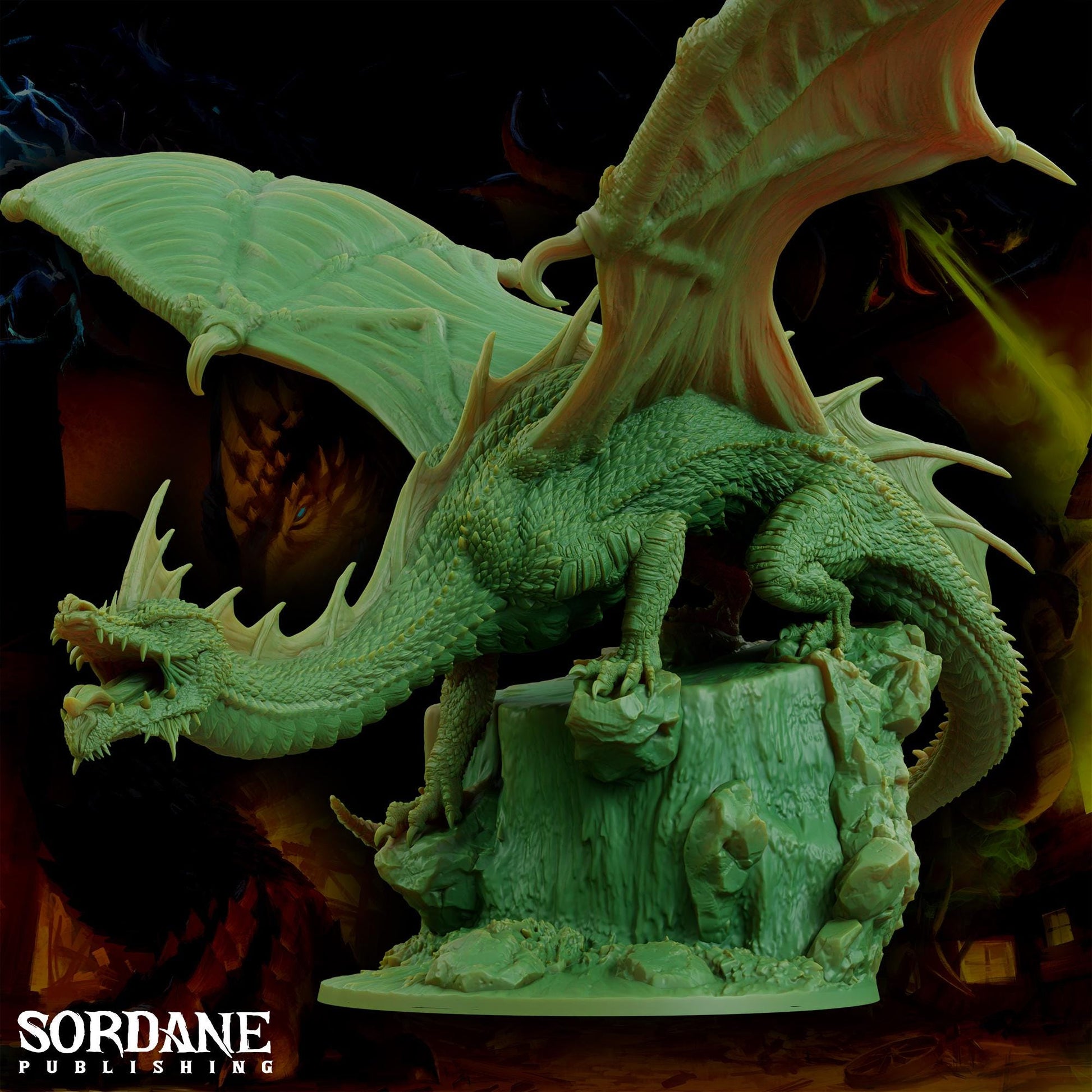a statue of a green dragon on a rock